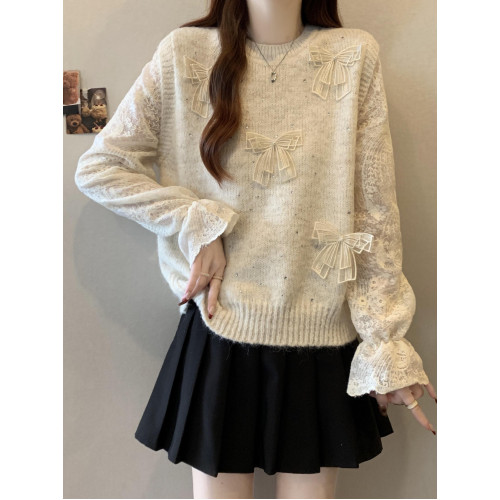 假兩件獨特漂亮正肩毛衣女2025秋季新款大碼微胖mm蕾絲喇叭袖上衣