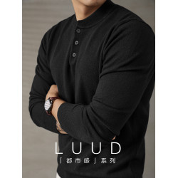 LUUD 潮流氣質範黑色亨利領修身針織衫男休閒百搭長袖打底毛線衣