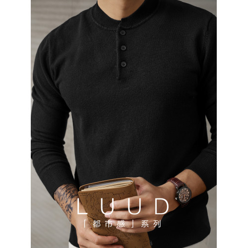 LUUD 潮流氣質範黑色亨利領修身針織衫男休閒百搭長袖打底毛線衣 LUUD 潮流氣質範黑色亨利領修身針織衫男休閒百搭長袖打底毛線衣