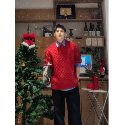 安可拉紅色加絨毛衣男秋冬聖誕氛圍感穿搭麻花針織衫寬松圓領外套