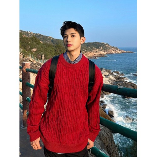 安可拉紅色加絨毛衣男秋冬聖誕氛圍感穿搭麻花針織衫寬松圓領外套 安可拉紅色加絨毛衣男秋冬聖誕氛圍感穿搭麻花針織衫寬松圓領外套
