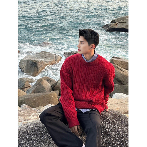 安可拉紅色加絨毛衣男秋冬聖誕氛圍感穿搭麻花針織衫寬松圓領外套 安可拉紅色加絨毛衣男秋冬聖誕氛圍感穿搭麻花針織衫寬松圓領外套