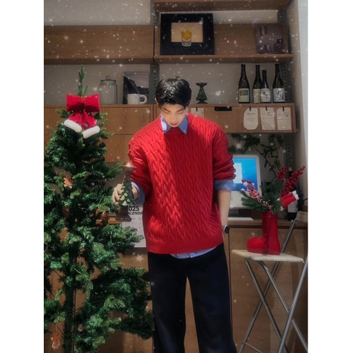安可拉紅色加絨毛衣男秋冬聖誕氛圍感穿搭麻花針織衫寬松圓領外套 安可拉紅色加絨毛衣男秋冬聖誕氛圍感穿搭麻花針織衫寬松圓領外套