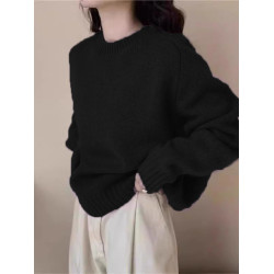 復古高級感黑色圓領毛衣女秋冬加厚寬鬆浣熊絨軟糯套頭針織衫上衣