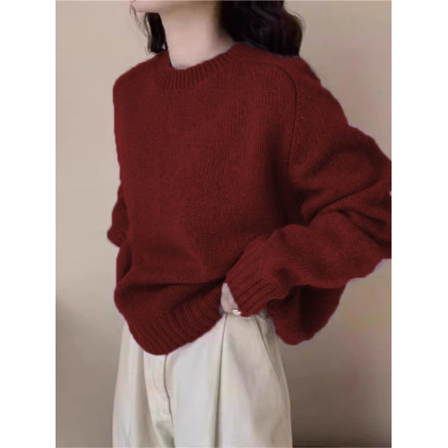 復古高級感黑色圓領毛衣女秋冬加厚寬鬆浣熊絨軟糯套頭針織衫上衣