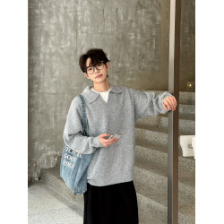 DAZO 輕羊毛混紡寬松翻領毛衣男士輕奢高級感純色缺口領針織衫