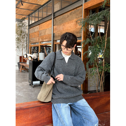 DAZO 輕羊毛混紡寬松翻領毛衣男士輕奢高級感純色缺口領針織衫 DAZO 輕羊毛混紡寬松翻領毛衣男士輕奢高級感純色缺口領針織衫