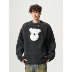 卡通毛絨小狗圓領毛衣男女冬季潮牌重磅慵懶風針織衫復古情侶外套