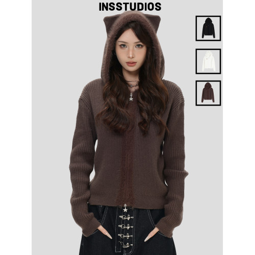 INSstudios 國潮牌美式「小熊耳朵連帽針織開衫」修身顯瘦毛衣女 INSstudios 國潮牌美式「小熊耳朵連帽針織開衫」修身顯瘦毛衣女