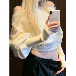 美式辣妹軟糯一字肩毛衣女秋季慵嬾高級感針織衫短款洋氣卡腰上衣