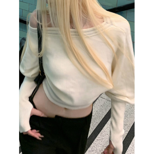 美式辣妹軟糯一字肩毛衣女秋季慵嬾高級感針織衫短款洋氣卡腰上衣