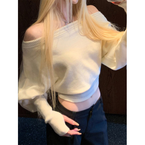 美式辣妹軟糯一字肩毛衣女秋季慵嬾高級感針織衫短款洋氣卡腰上衣