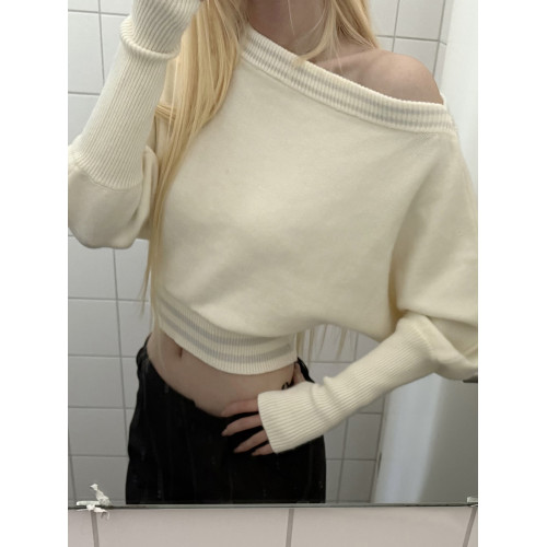 美式辣妹軟糯一字肩毛衣女秋季慵嬾高級感針織衫短款洋氣卡腰上衣