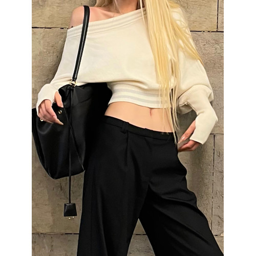 美式辣妹軟糯一字肩毛衣女秋季慵嬾高級感針織衫短款洋氣卡腰上衣