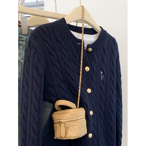 藏青色麻花羊毛針織衫毛衣外套女秋冬2025新款小個子正肩外搭開衫