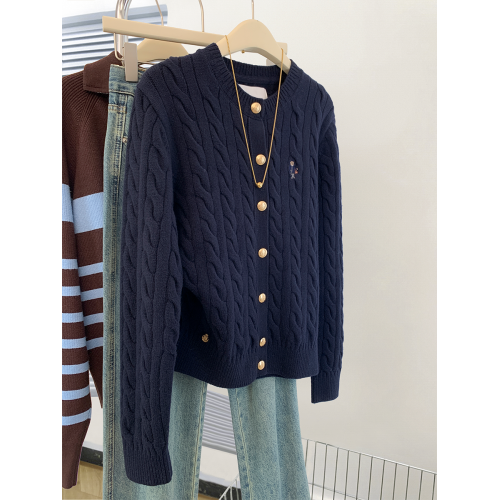 藏青色麻花羊毛針織衫毛衣外套女秋冬2025新款小個子正肩外搭開衫