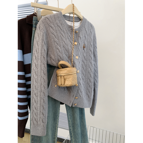 藏青色麻花羊毛針織衫毛衣外套女秋冬2025新款小個子正肩外搭開衫