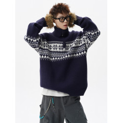 費爾島提花米色針織衫男冬美式半拉鍊高領毛衣慵懶感寬松情侶外套