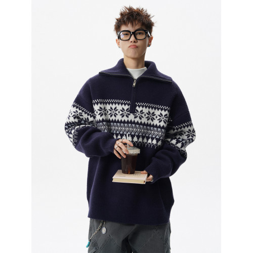 費爾島提花米色針織衫男冬美式半拉鍊高領毛衣慵懶感寬松情侶外套 費爾島提花米色針織衫男冬美式半拉鍊高領毛衣慵懶感寬松情侶外套