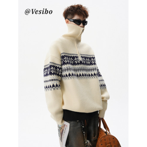 費爾島提花米色針織衫男冬美式半拉鍊高領毛衣慵懶感寬松情侶外套 費爾島提花米色針織衫男冬美式半拉鍊高領毛衣慵懶感寬松情侶外套