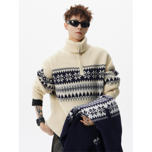 費爾島提花米色針織衫男冬美式半拉鍊高領毛衣慵懶感寬松情侶外套 費爾島提花米色針織衫男冬美式半拉鍊高領毛衣慵懶感寬松情侶外套