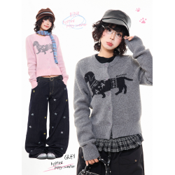 MIKYO 美式復古小狗提花針織毛衣女秋季百搭顯瘦慵嬾圓領開衫外套