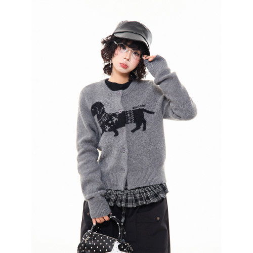 MIKYO 美式復古小狗提花針織毛衣女秋季百搭顯瘦慵嬾圓領開衫外套