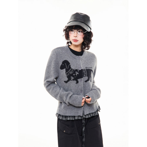 MIKYO 美式復古小狗提花針織毛衣女秋季百搭顯瘦慵嬾圓領開衫外套