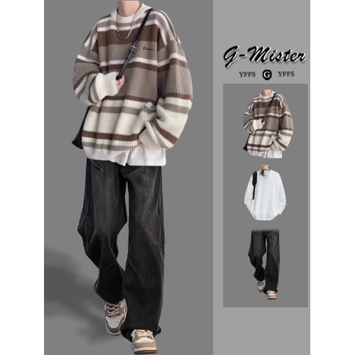 撞色條紋針織毛衣男生穿搭套裝秋冬季寬松慵懶風線衣潮流一套搭配 撞色條紋針織毛衣男生穿搭套裝秋冬季寬松慵懶風線衣潮流一套搭配