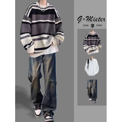 撞色條紋針織毛衣男生穿搭套裝秋冬季寬松慵懶風線衣潮流一套搭配 撞色條紋針織毛衣男生穿搭套裝秋冬季寬松慵懶風線衣潮流一套搭配