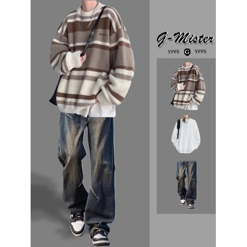 撞色條紋針織毛衣男生穿搭套裝秋冬季寬松慵懶風線衣潮流一套搭配 撞色條紋針織毛衣男生穿搭套裝秋冬季寬松慵懶風線衣潮流一套搭配