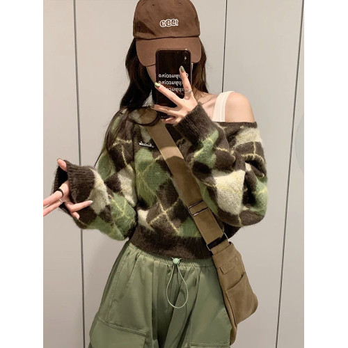 甜酷辣妹小個子毛衣女秋冬菱形格撞色針織衫高級感軟糯慵嬾風上衣