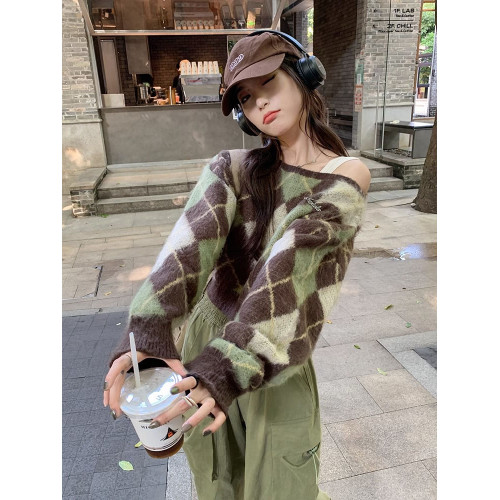 甜酷辣妹小個子毛衣女秋冬菱形格撞色針織衫高級感軟糯慵嬾風上衣