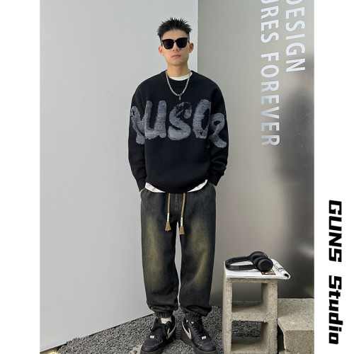 杠叔圓領毛衣男秋冬季字母印花美式潮流寬松休閒針織衫簡約時尚潮 杠叔圓領毛衣男秋冬季字母印花美式潮流寬松休閒針織衫簡約時尚潮