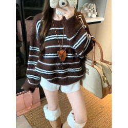 韓系少女風撞色條紋套頭毛衣女秋冬季慵嬾寬鬆休閒厚實針織衫上衣