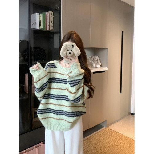 韓系少女風撞色條紋套頭毛衣女秋冬季慵嬾寬鬆休閒厚實針織衫上衣