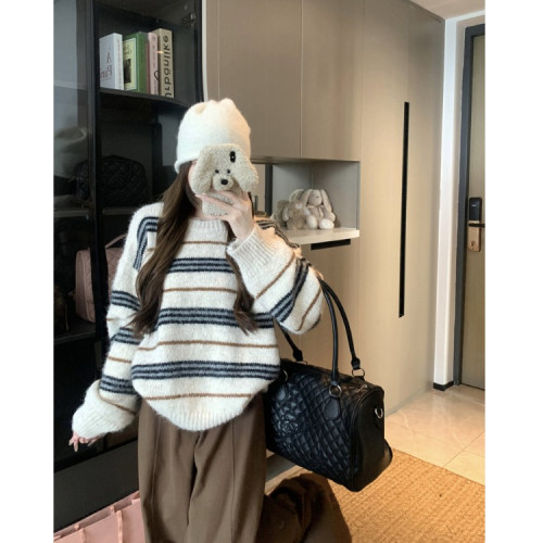 韓系少女風撞色條紋套頭毛衣女秋冬季慵嬾寬鬆休閒厚實針織衫上衣