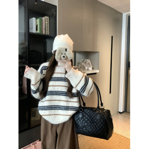 韓系少女風撞色條紋套頭毛衣女秋冬季慵嬾寬鬆休閒厚實針織衫上衣