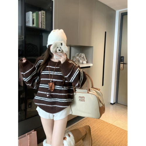韓系少女風撞色條紋套頭毛衣女秋冬季慵嬾寬鬆休閒厚實針織衫上衣