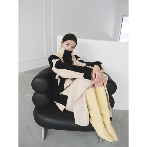 慵嬾風高領套頭黑白條紋毛衣女款秋冬外穿溫柔軟糯外套針織上衣厚