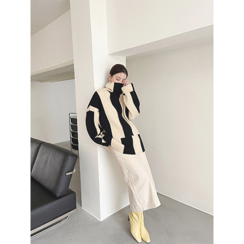 慵嬾風高領套頭黑白條紋毛衣女款秋冬外穿溫柔軟糯外套針織上衣厚