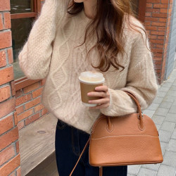 粉色麻花毛衣女秋冬小個子慵嬾風寬鬆套頭圓領加厚浣熊絨針織衫