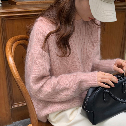 粉色麻花毛衣女秋冬小個子慵嬾風寬鬆套頭圓領加厚浣熊絨針織衫