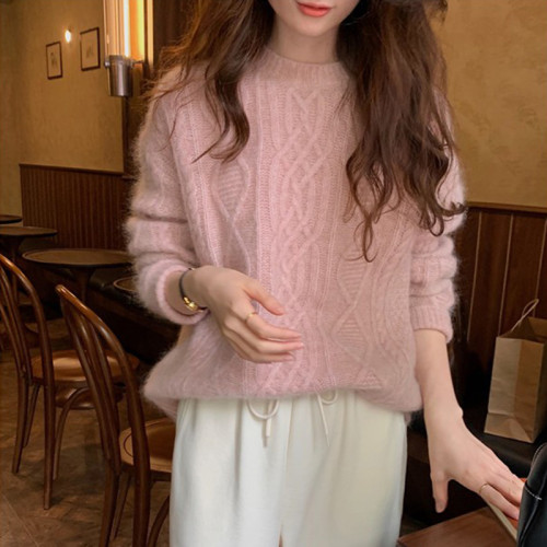 粉色麻花毛衣女秋冬小個子慵嬾風寬鬆套頭圓領加厚浣熊絨針織衫
