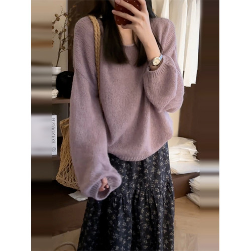 韓系慵嬾風寬鬆長袖紫色毛衣女2026小個子碎花連衣裙初冬穿搭套裝