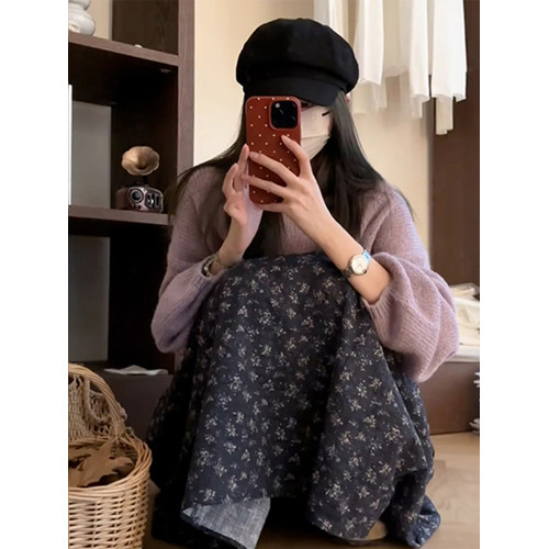 韓系慵嬾風寬鬆長袖紫色毛衣女2026小個子碎花連衣裙初冬穿搭套裝