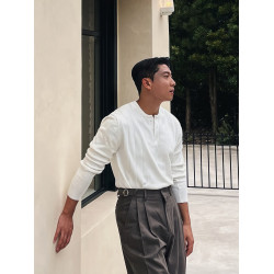 亨利領針織長袖男士早秋韓版坑條紋理感T恤休閒通勤輕熟風打底衫