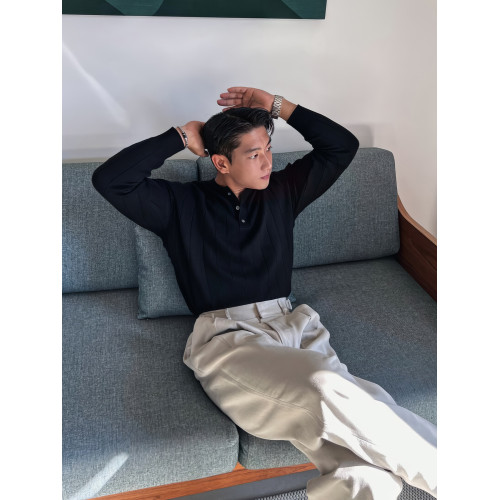 亨利領針織長袖男士早秋韓版坑條紋理感T恤休閒通勤輕熟風打底衫