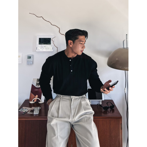 亨利領針織長袖男士早秋韓版坑條紋理感T恤休閒通勤輕熟風打底衫