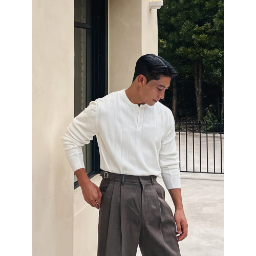 亨利領針織長袖男士早秋韓版坑條紋理感T恤休閒通勤輕熟風打底衫